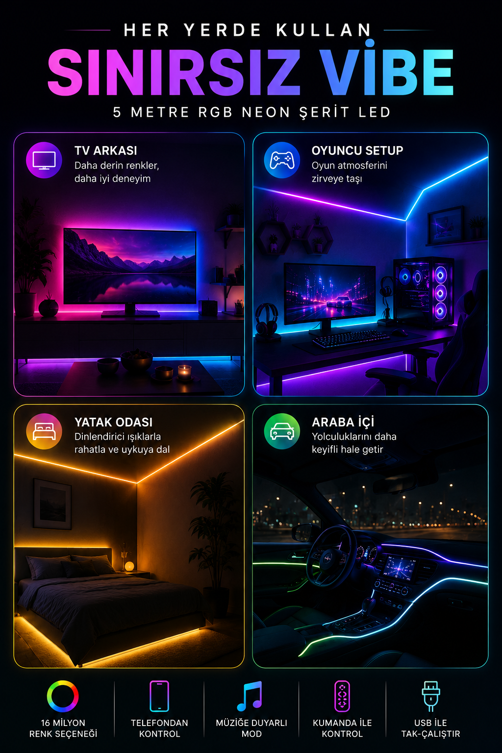 5 Metre Neon Led Işık Seti